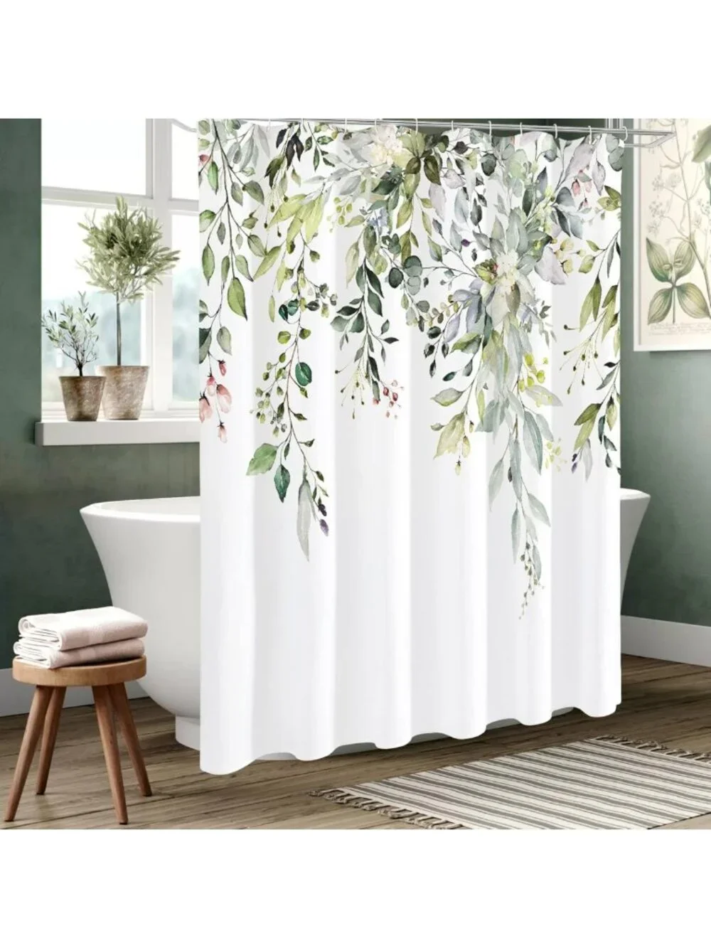 Sage Green Eucalyptus Shower Curtain Set | Floral Watercolor Bathroom Decor